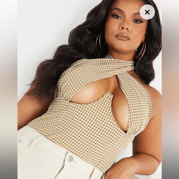 PrettyLittleThing Plus Brown Check Print Cross Over Top Plus 14 - Picture 5 of 7